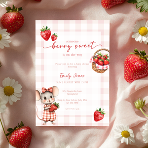 Baby Shower Invitation - Strawberry Summer Picnic with Cute Mouse BS138