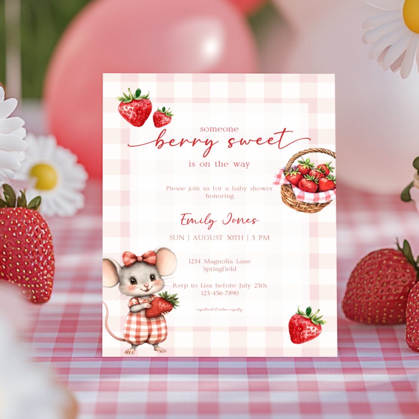Baby Shower Invitation - Strawberry Summer Picnic with Cute Mouse BS138