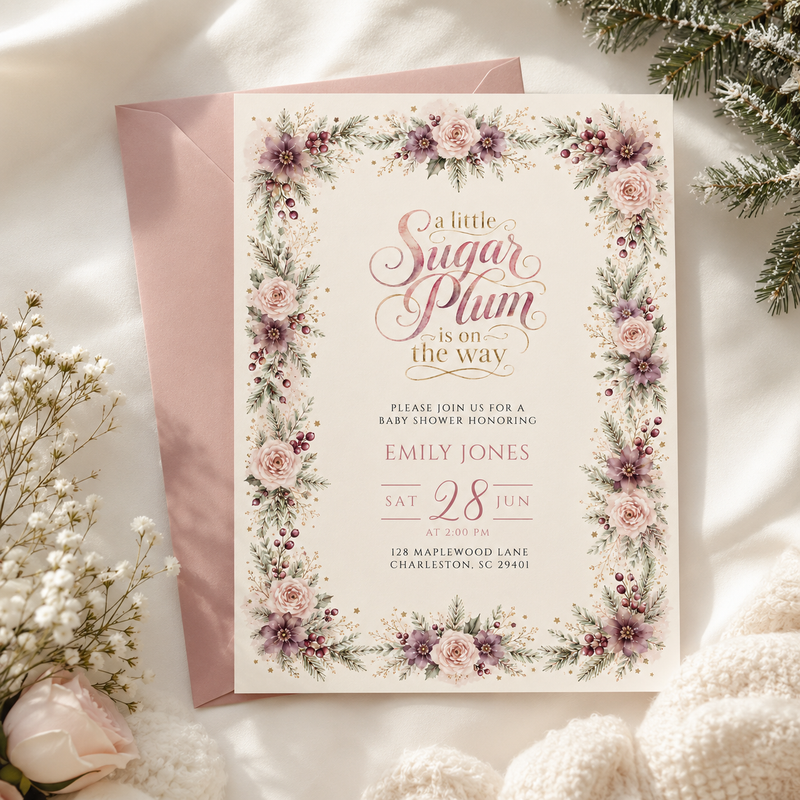 Sugar Plum Christmas Baby Shower Invitation BS329