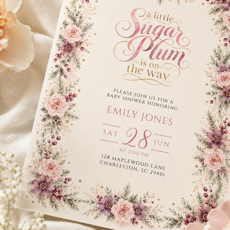 Sugar Plum Christmas Baby Shower Invitation BS329