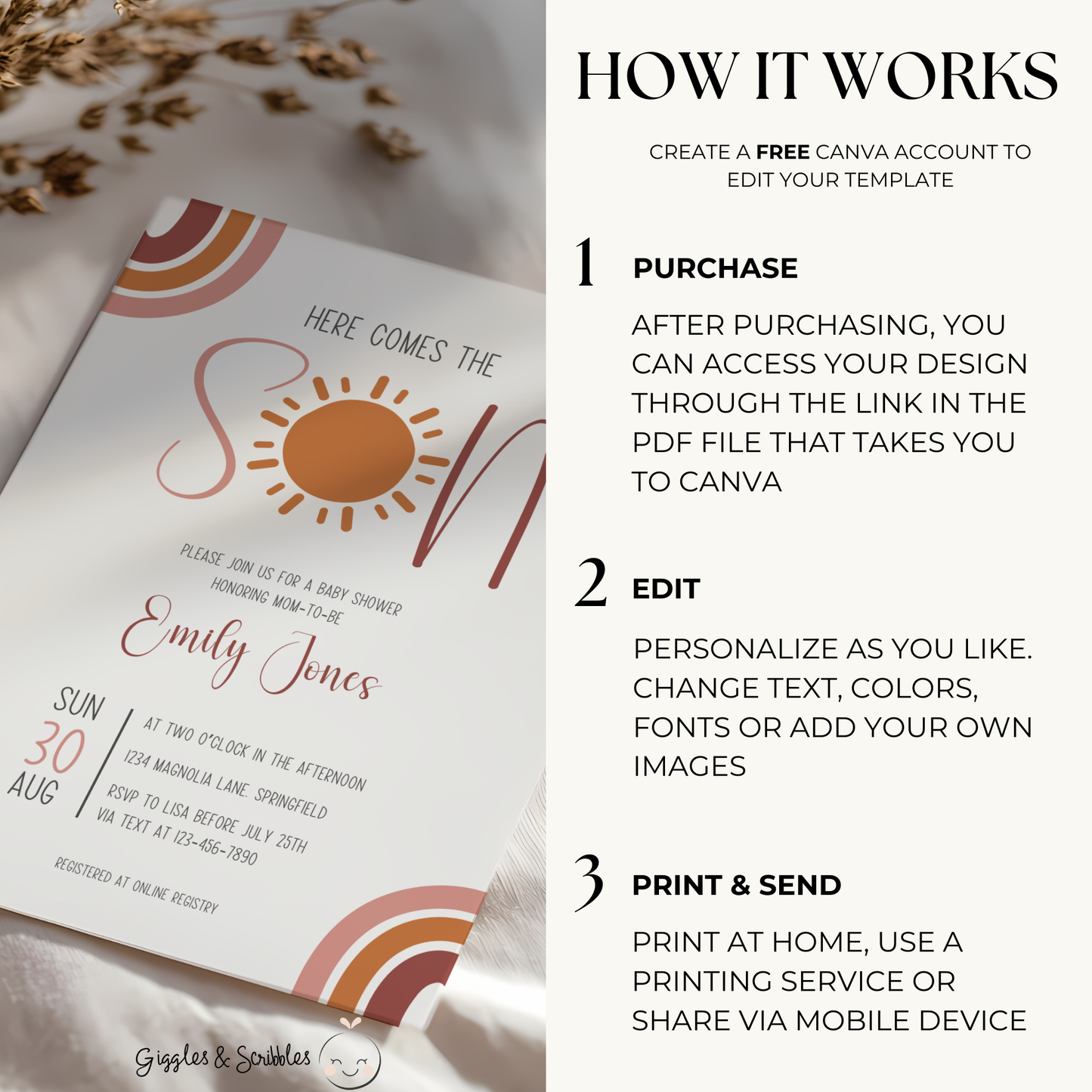 Baby Shower Invitation - Here Comes The Son Boho Neutral Colors BS129