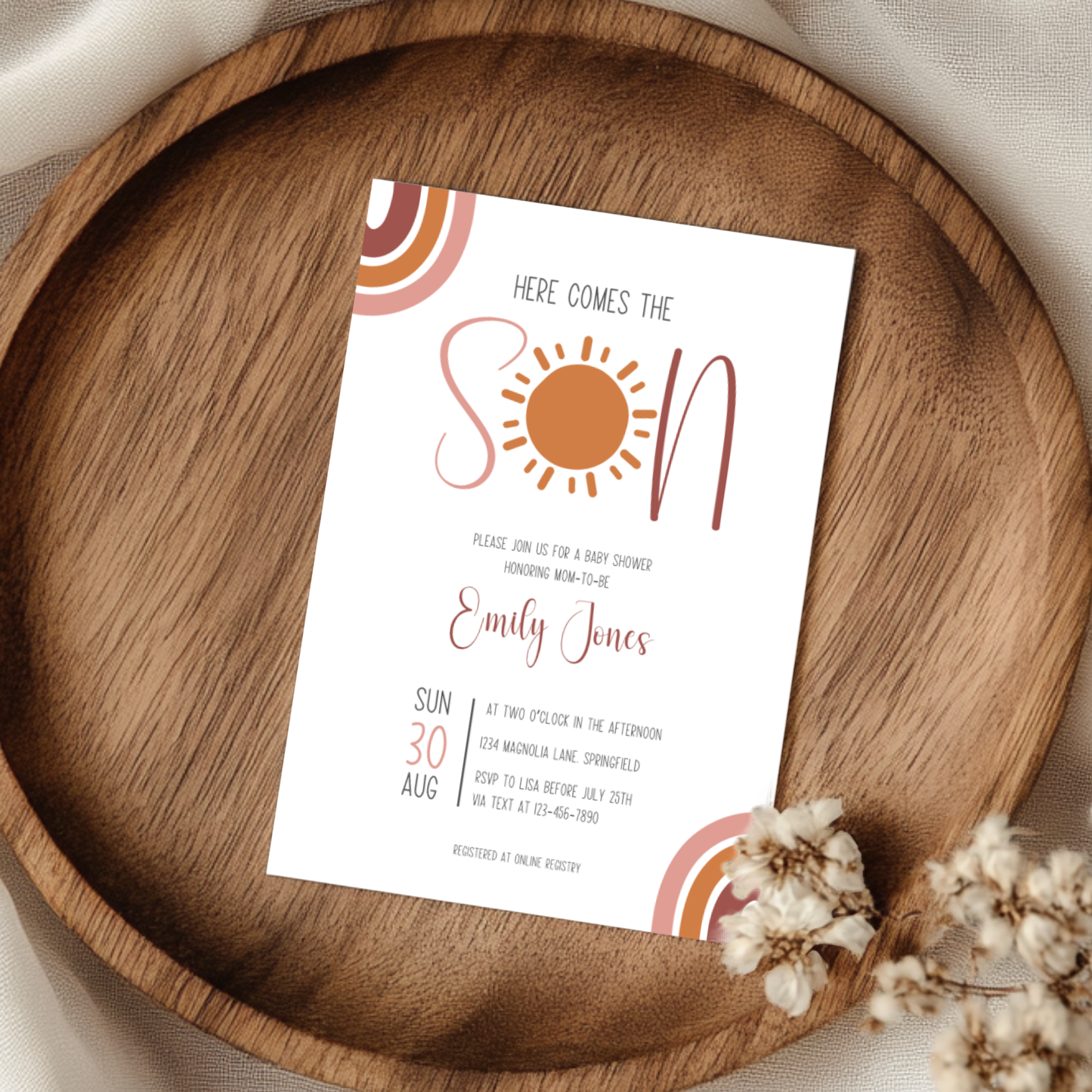 Baby Shower Invitation - Here Comes The Son Boho Neutral Colors BS129