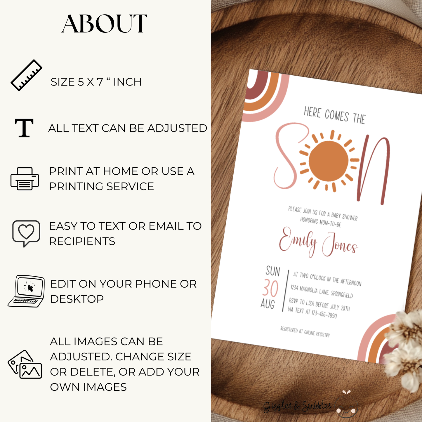 Baby Shower Invitation - Here Comes The Son Boho Neutral Colors BS129