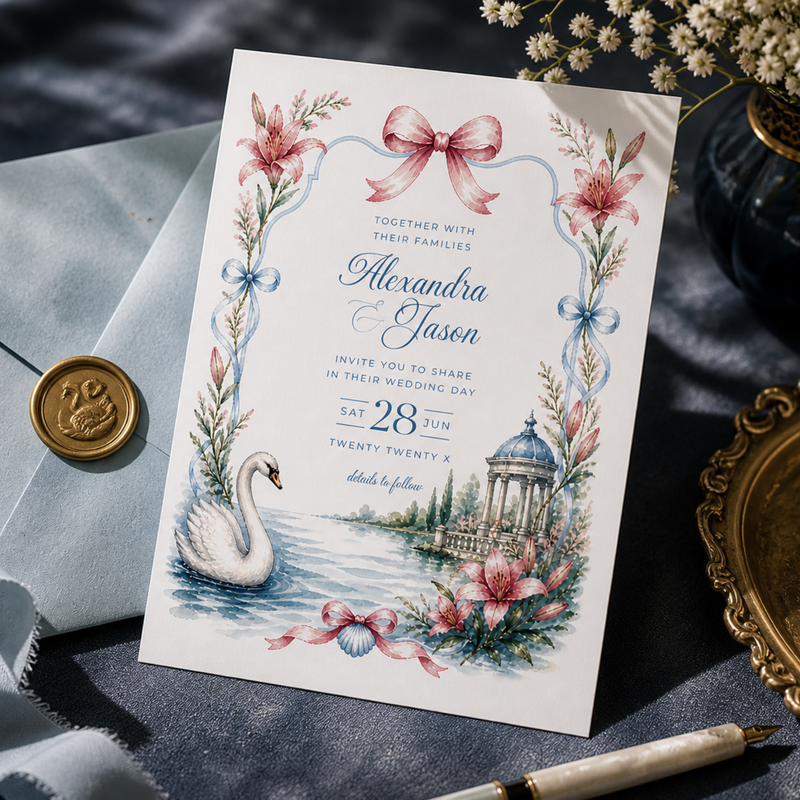 Swan Wedding Invitation - Romantic Garden Theme L134