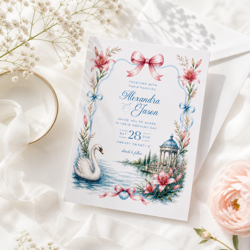 Swan Wedding Invitation - Romantic Garden Theme L134