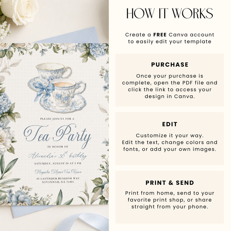 Blue Toile Tea Party Invitation L150