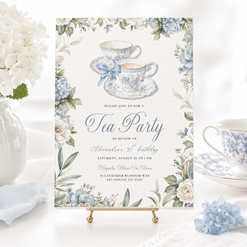 Blue Toile Tea Party Invitation L150