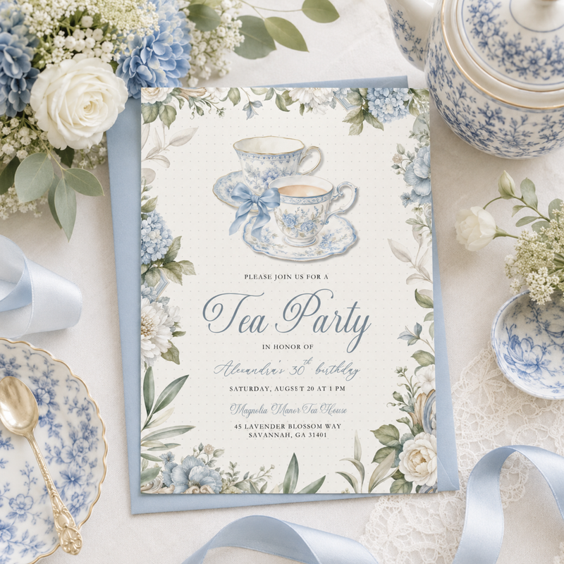 Blue Toile Tea Party Invitation L150