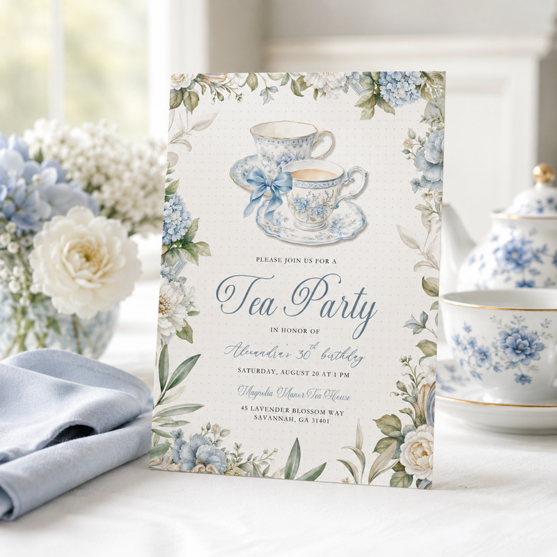 Blue Toile Tea Party Invitation L150
