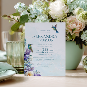 Hummingbird Teal Floral Wedding Invitation L129