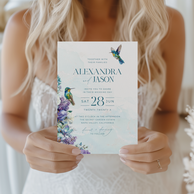 Hummingbird Teal Floral Wedding Invitation L129