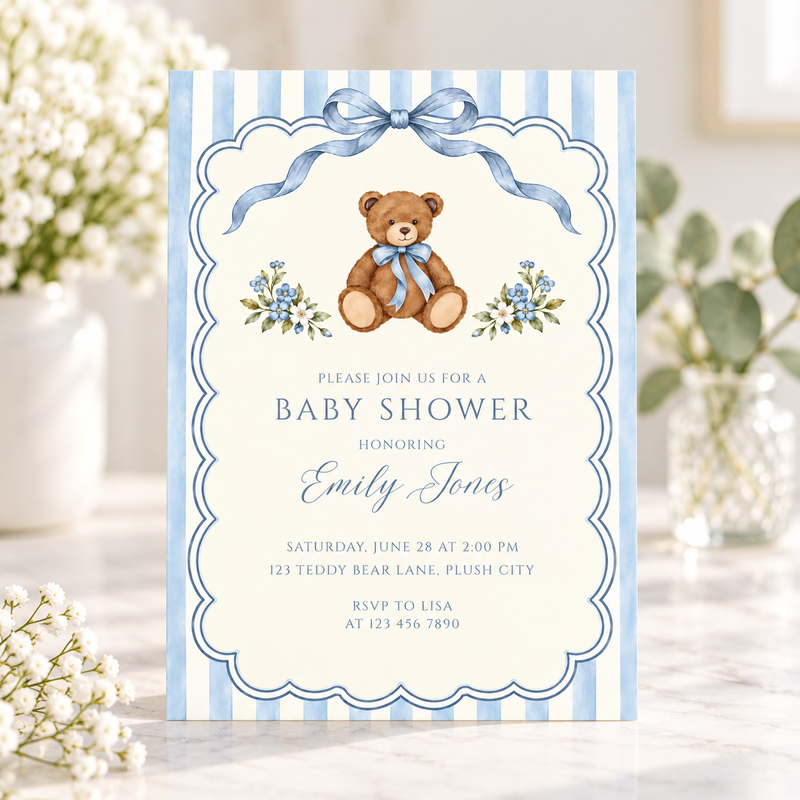 Blue Teddy Bear Baby Shower Invitation BS342