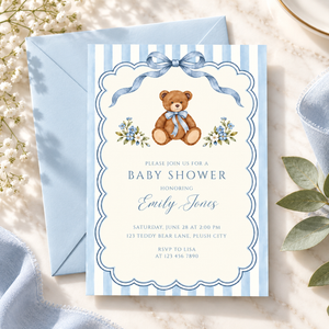 Blue Teddy Bear Baby Shower Invitation BS342