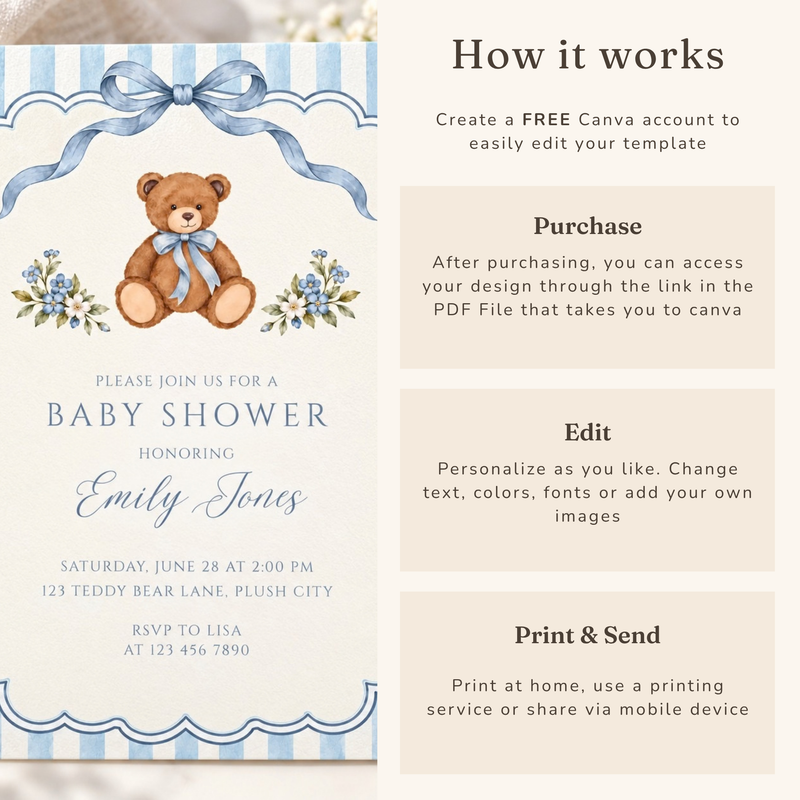 Blue Teddy Bear Baby Shower Invitation BS342