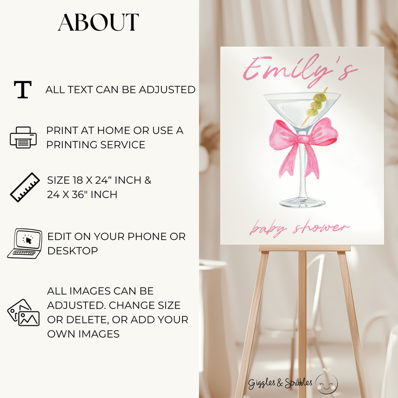 Baby Shower Welcome Sign - Martini A Tini One Is On The Way Pink Bow BS123