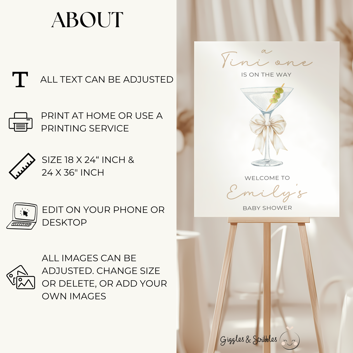 Baby Shower Welcome Sign - Martini Cocktail Theme A Tini One Is On The Way Neutral Beige BS122