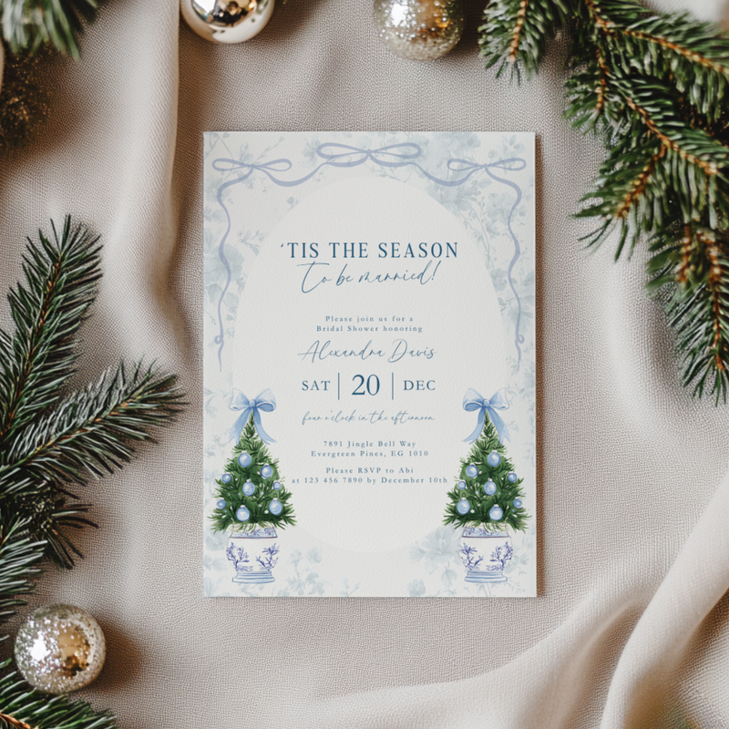 'Tis the Season To Be Married Bridal Shower Invitation Template Blue L40