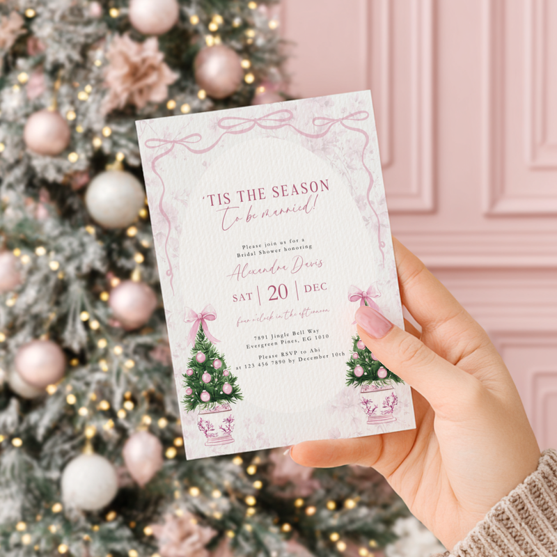 Elegant Pink Christmas Bridal Shower Invitation 'Tis the Season to be Married L40