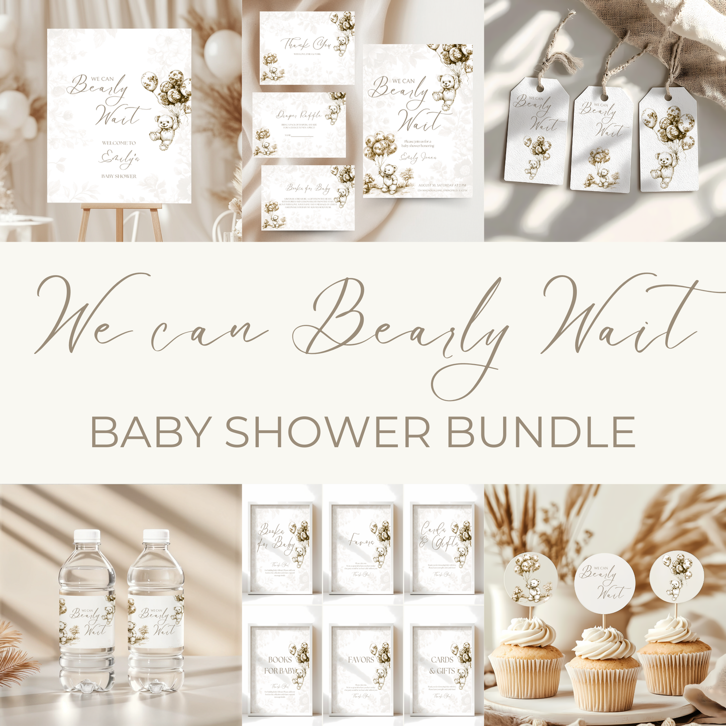 Baby Shower Mega Bundle - Beige Bearly Wait Toile de Jouy BS36