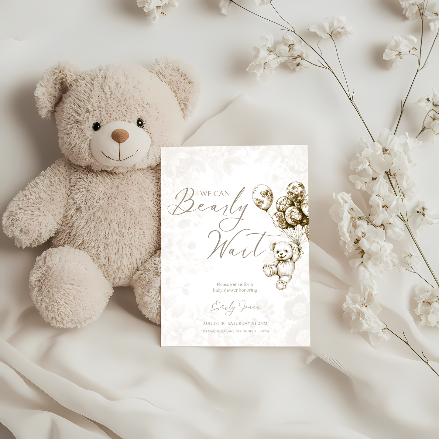 Baby Shower Invitation - Beige Bearly Wait Toile de Jouy BS36