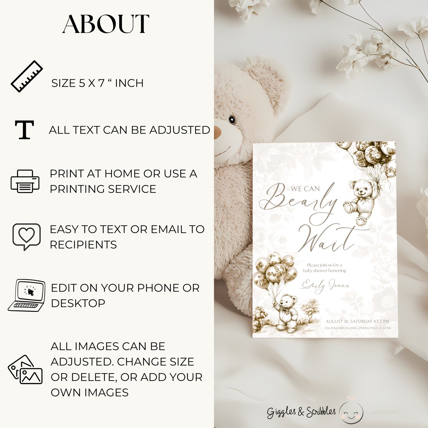 Baby Shower Invitation - Beige Bearly Wait Toile de Jouy BS36