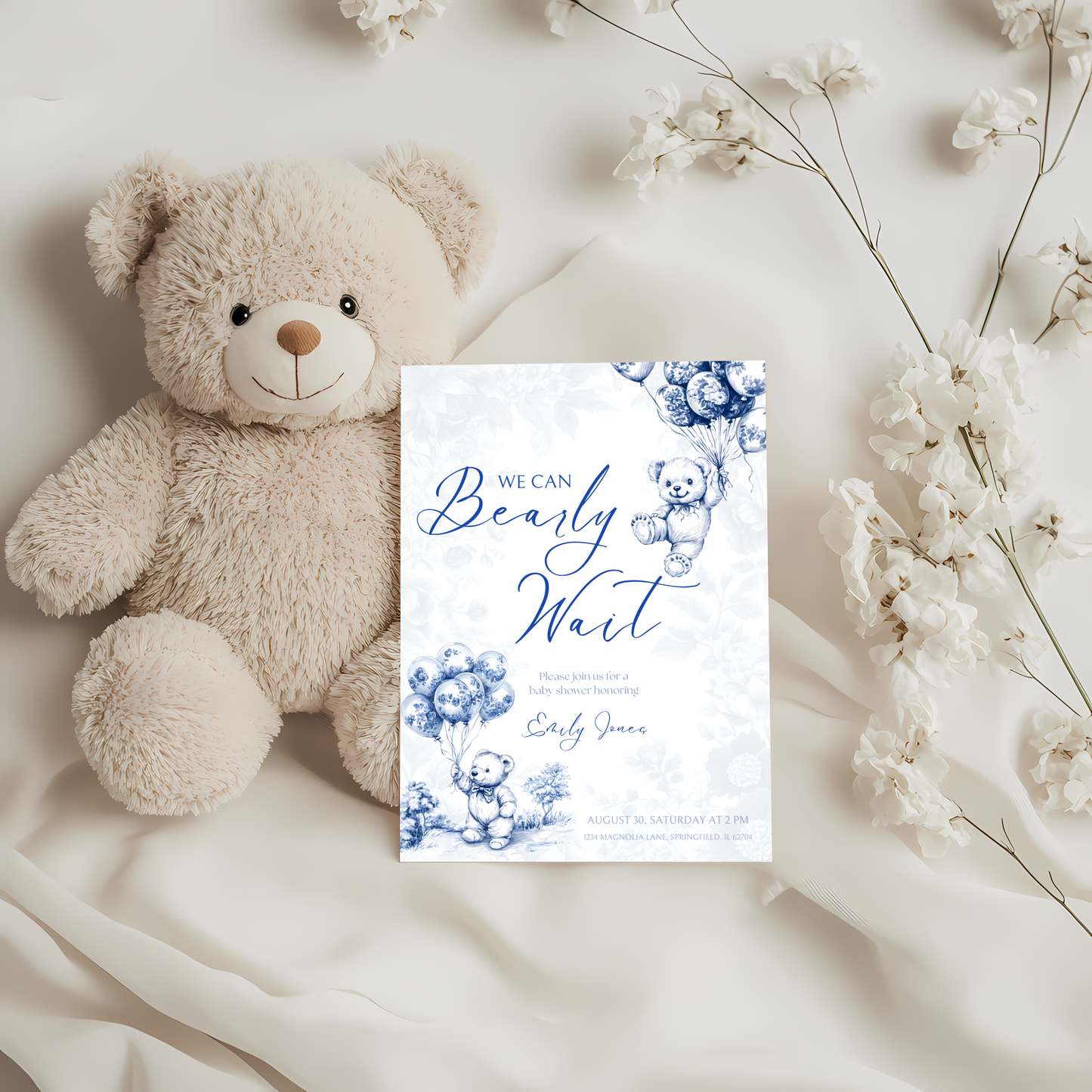 Baby Shower Invitation - Blue Bearly Wait Toile de Jouy BS35