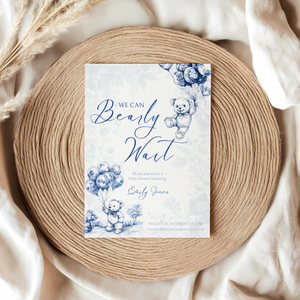 Baby Shower Invitation - Blue Bearly Wait Toile de Jouy BS35