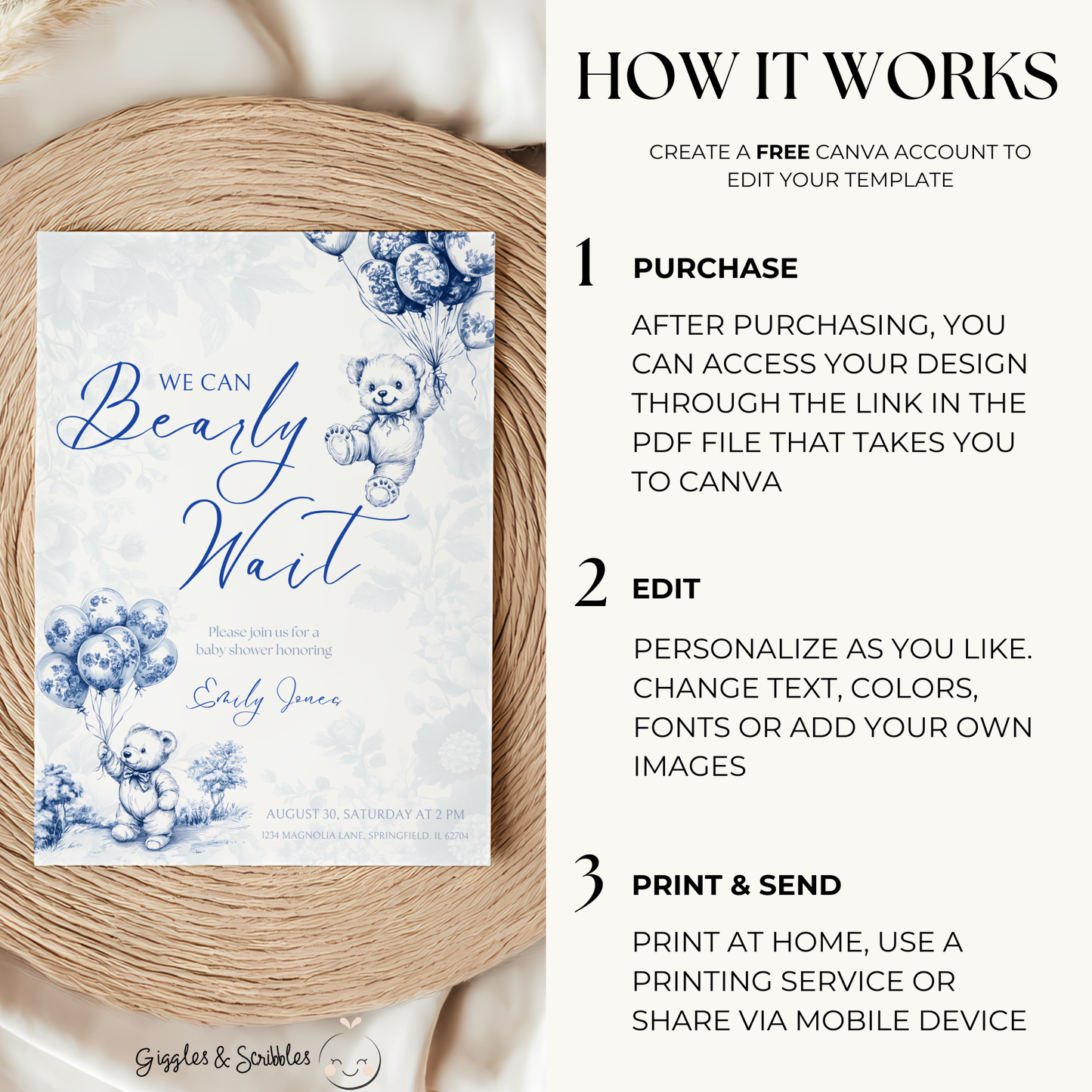 Baby Shower Invitation Bundle - Blue Bearly Wait Toile de Jouy BS35