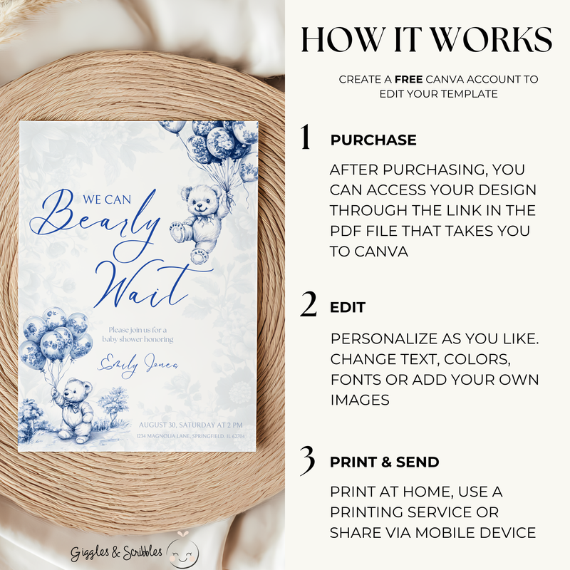 Baby Shower Invitation Bundle - Blue Bearly Wait Toile de Jouy BS35