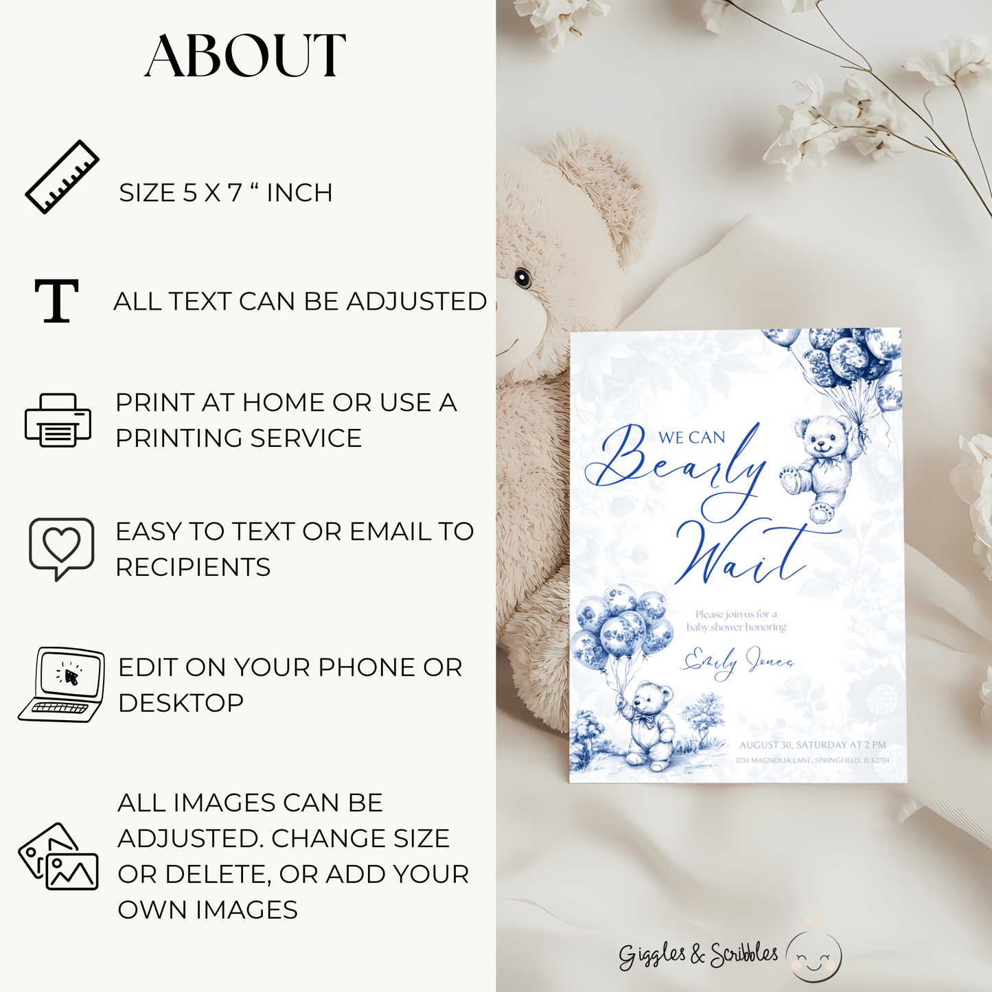 Baby Shower Invitation Bundle - Blue Bearly Wait Toile de Jouy BS35