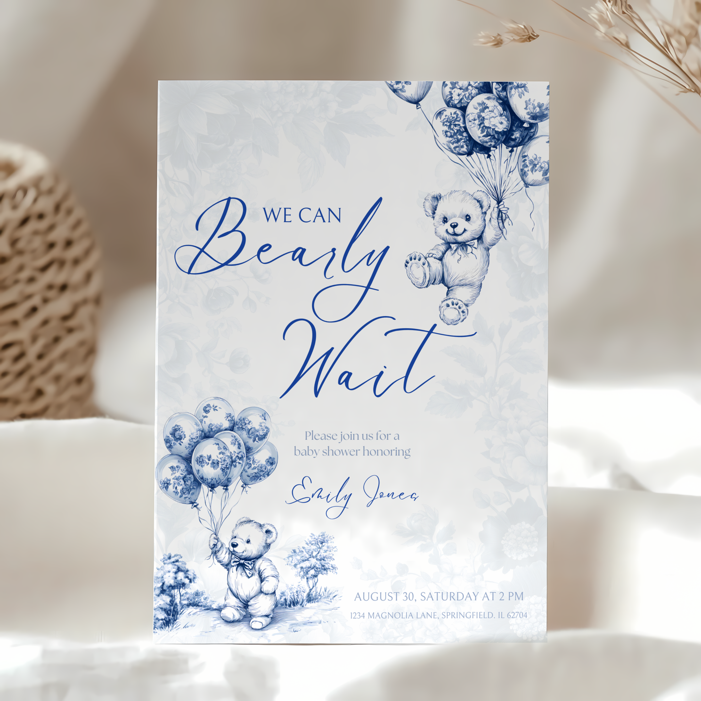 Baby Shower Invitation Bundle - Blue Bearly Wait Toile de Jouy BS35