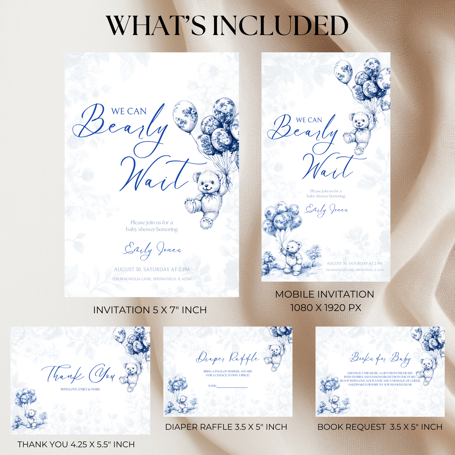 Baby Shower Invitation Bundle - Blue Bearly Wait Toile de Jouy BS35