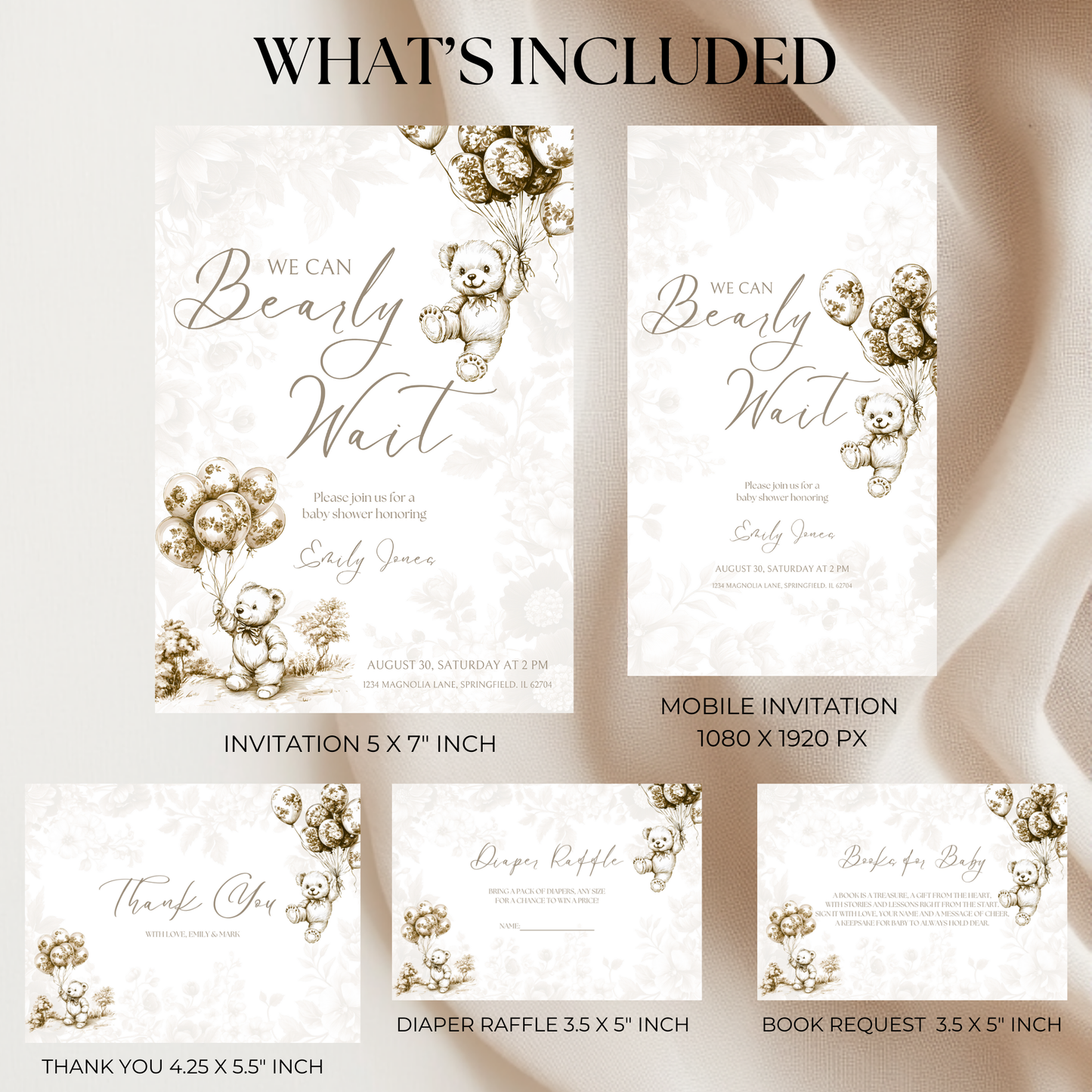 Baby Shower Invitation Bundle - Beige Bearly Wait Toile de Jouy BS36
