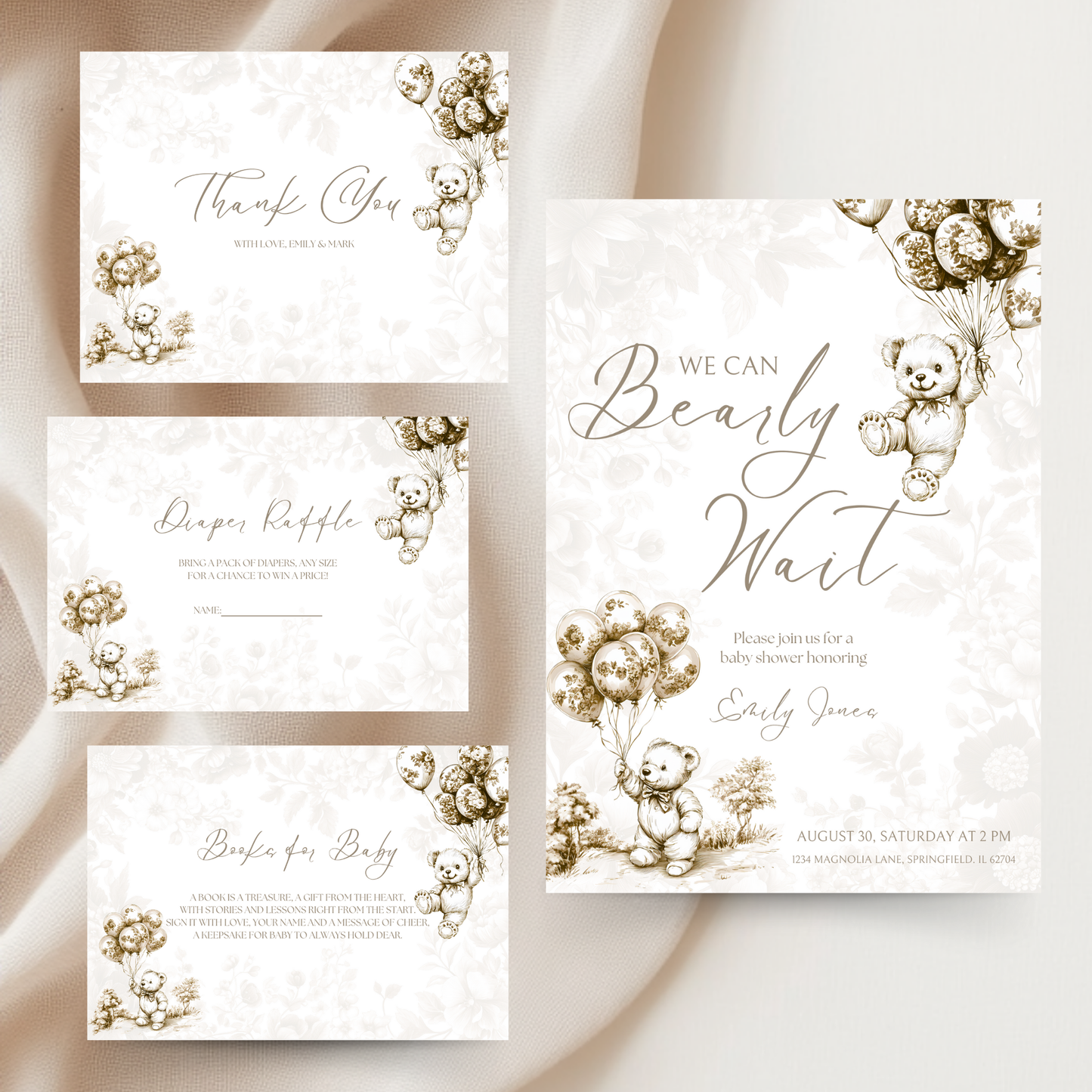 Baby Shower Invitation Bundle - Beige Bearly Wait Toile de Jouy BS36