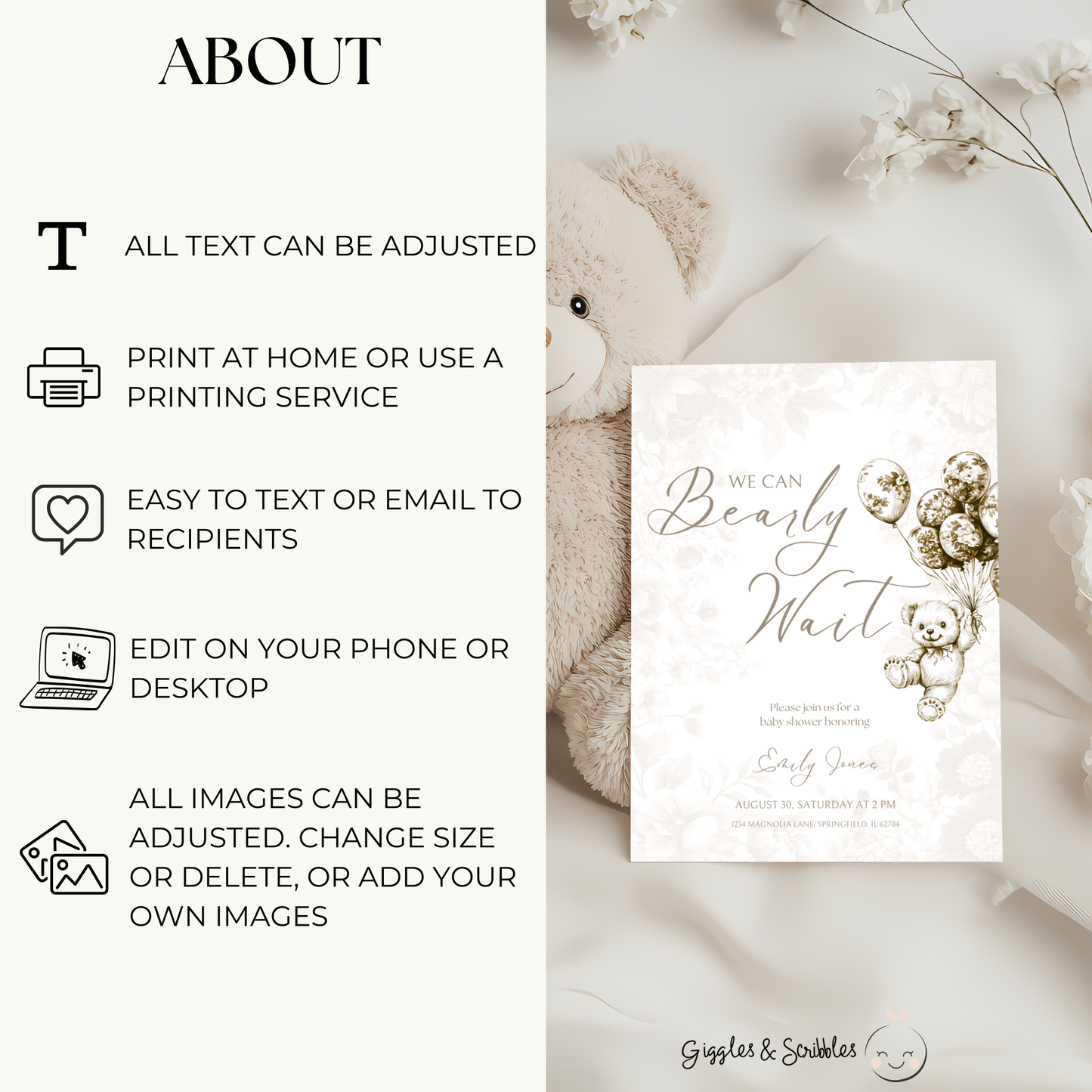 Baby Shower Invitation Bundle - Beige Bearly Wait Toile de Jouy BS36