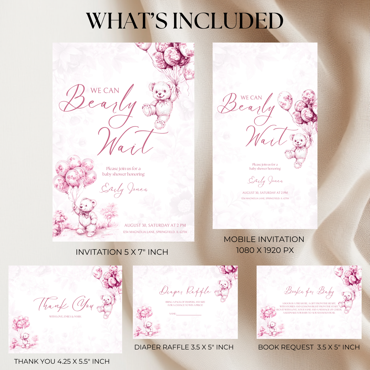 Baby Shower Invitation Bundle - Pink Bearly Wait Toile de Jouy BS37