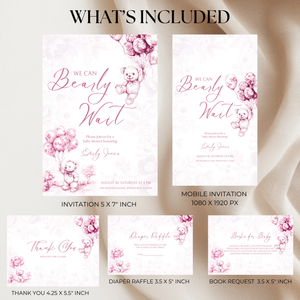 Baby Shower Invitation Bundle - Pink Bearly Wait Toile de Jouy BS37