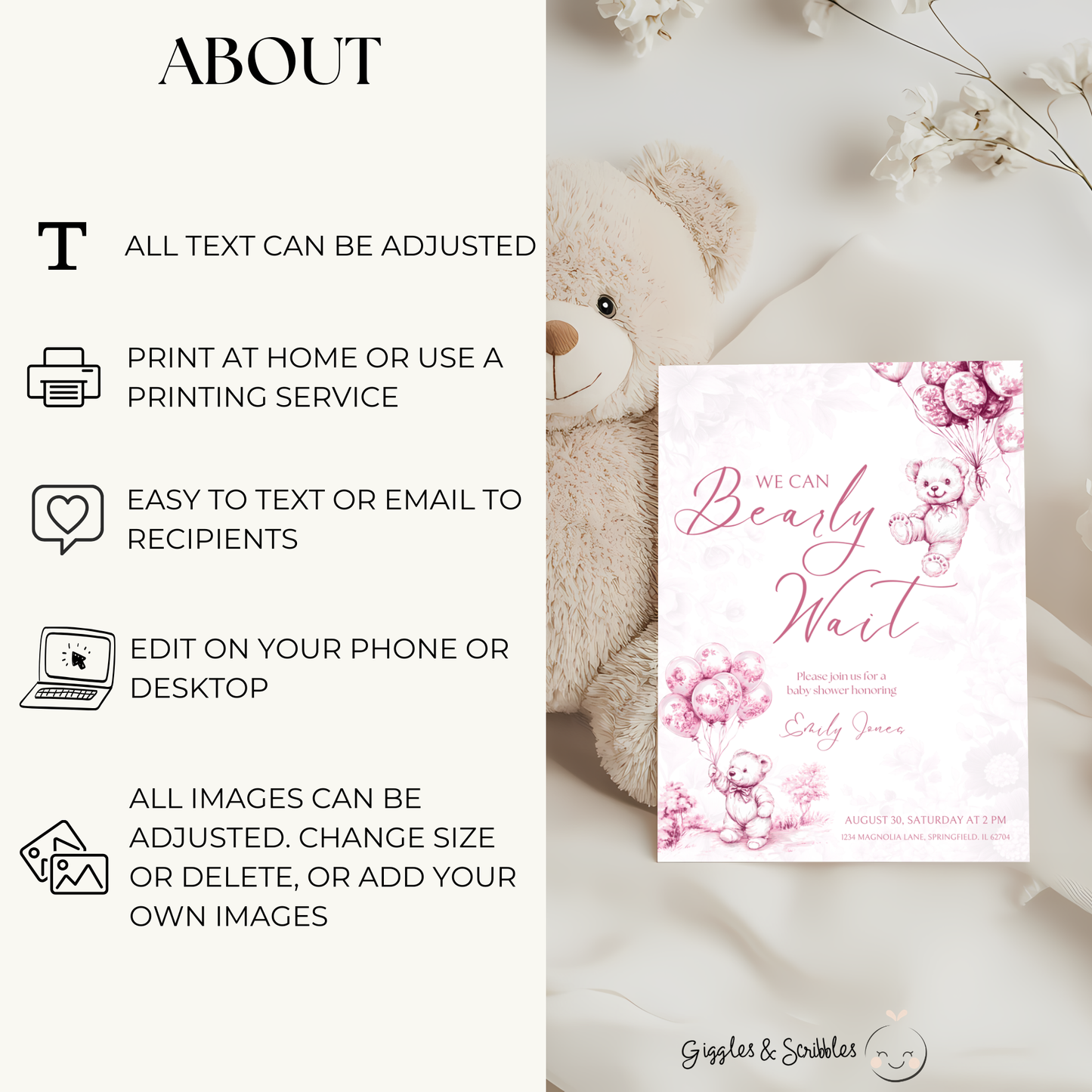Baby Shower Invitation Bundle - Pink Bearly Wait Toile de Jouy BS37