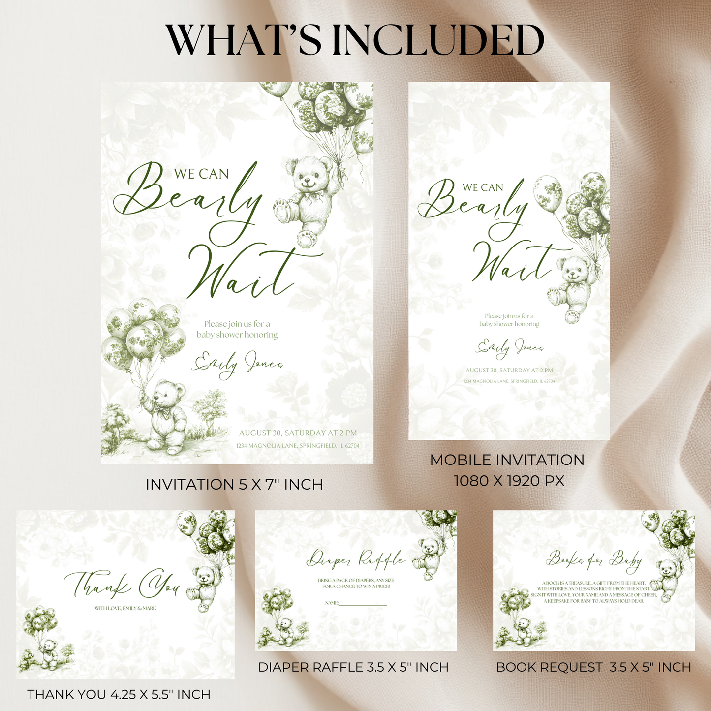 Baby Shower Invitation Bundle - Green Bearly Wait Toile de Jouy BS38