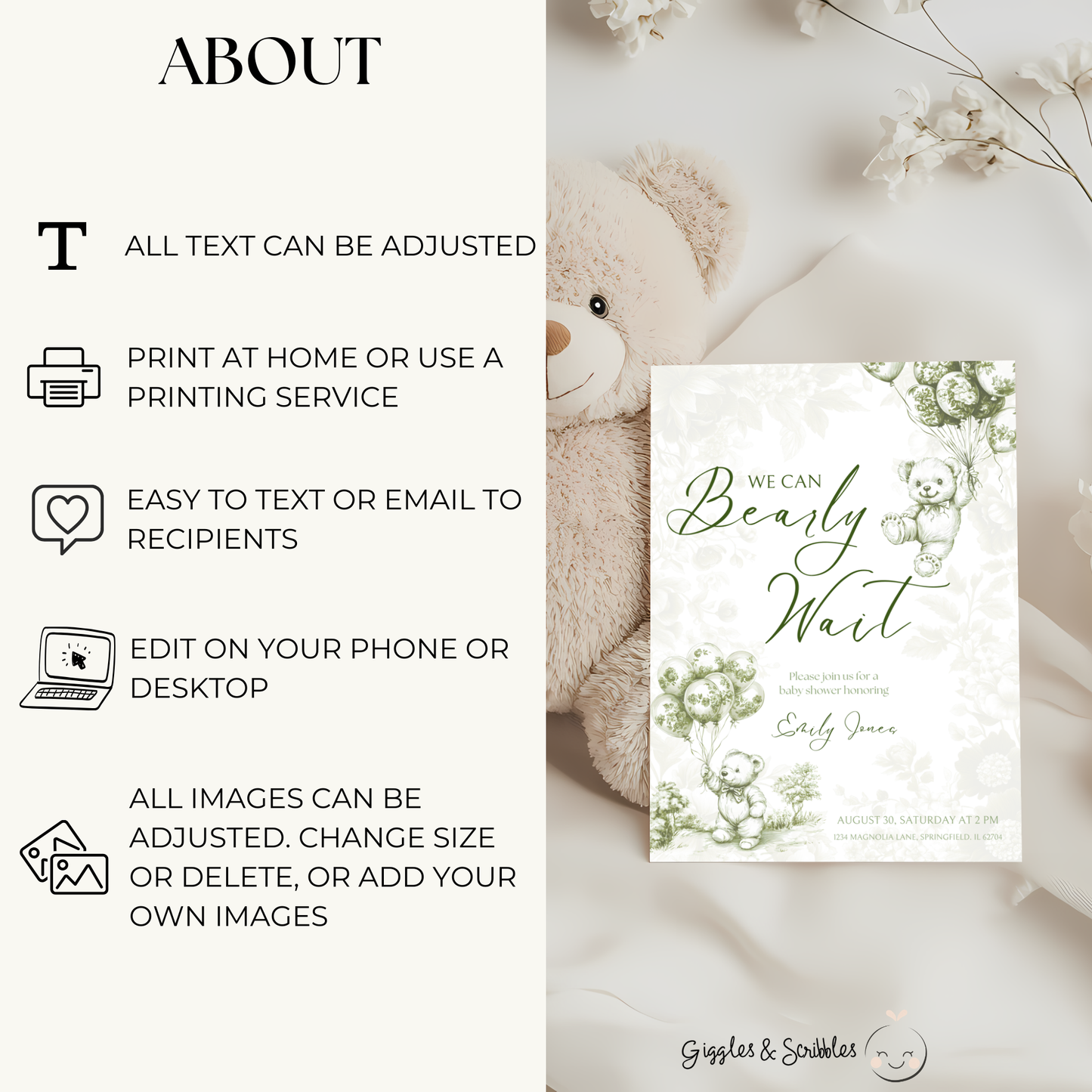 Baby Shower Invitation Bundle - Green Bearly Wait Toile de Jouy BS38