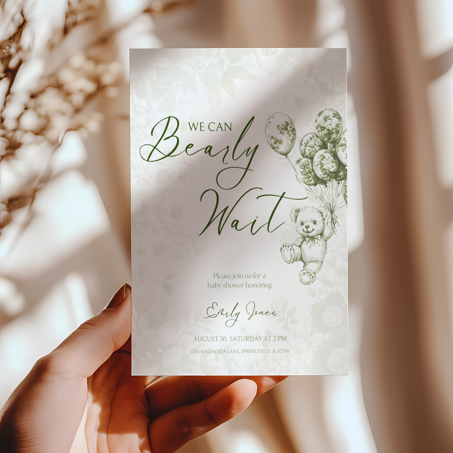 Baby Shower Invitation - Green Bearly Wait Toile de Jouy BS38