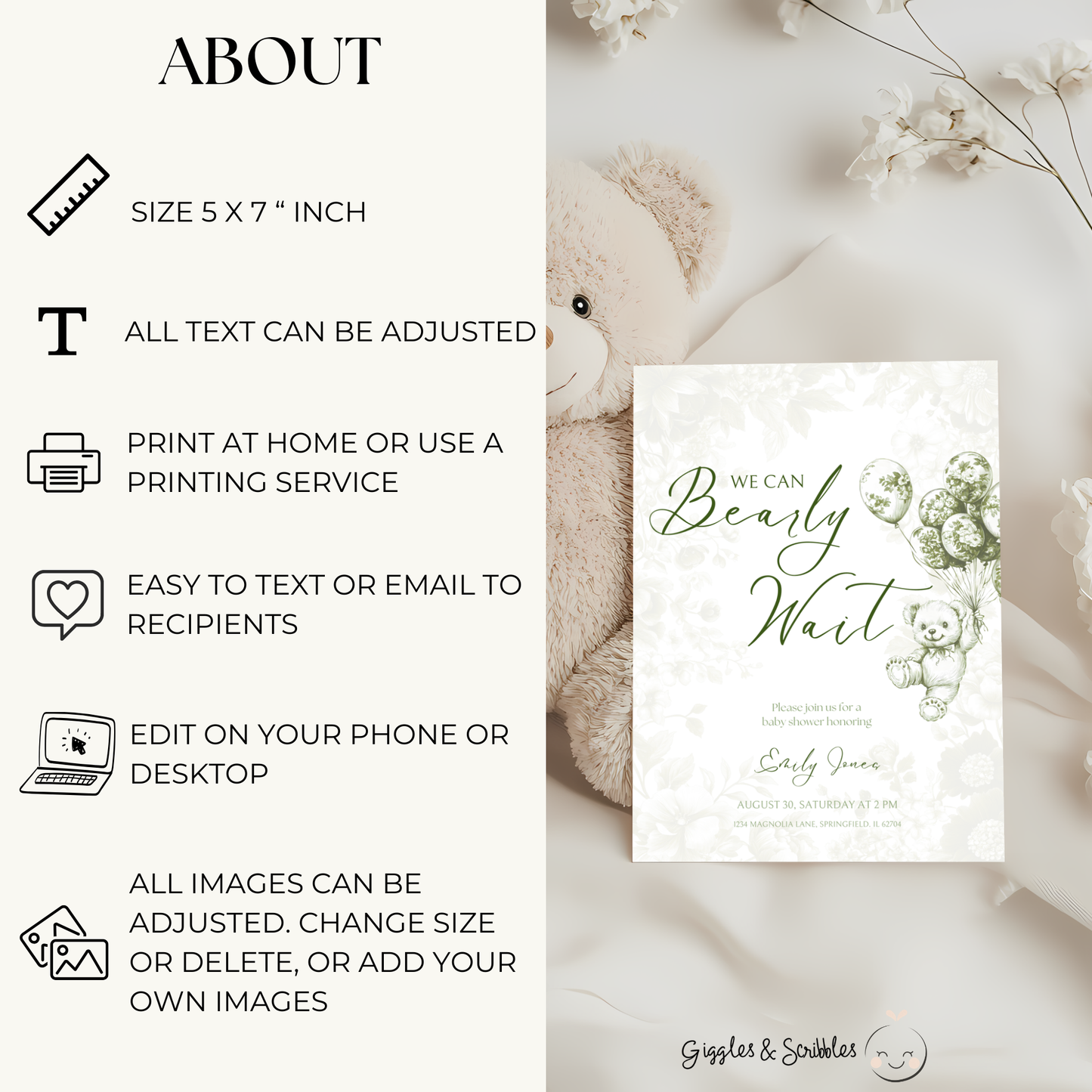 Baby Shower Invitation - Green Bearly Wait Toile de Jouy BS38