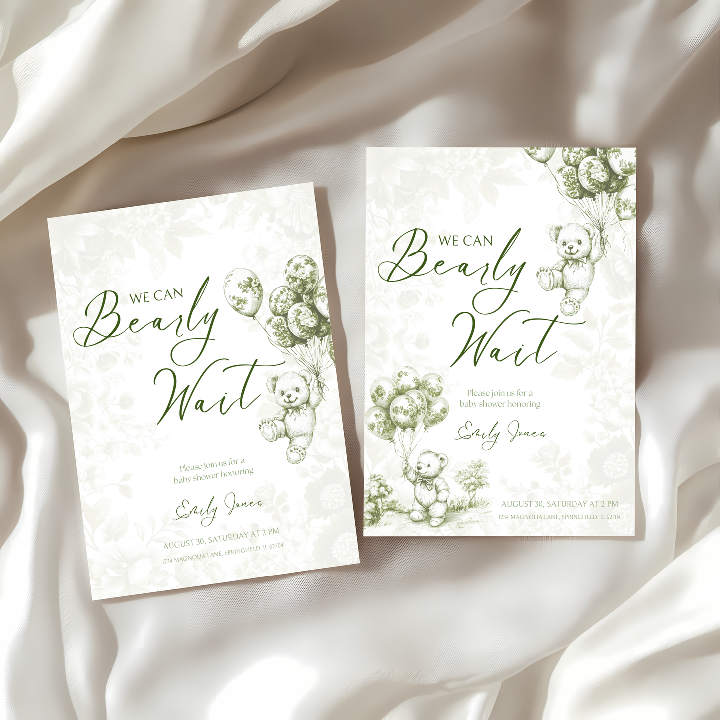 Baby Shower Invitation Bundle - Green Bearly Wait Toile de Jouy BS38