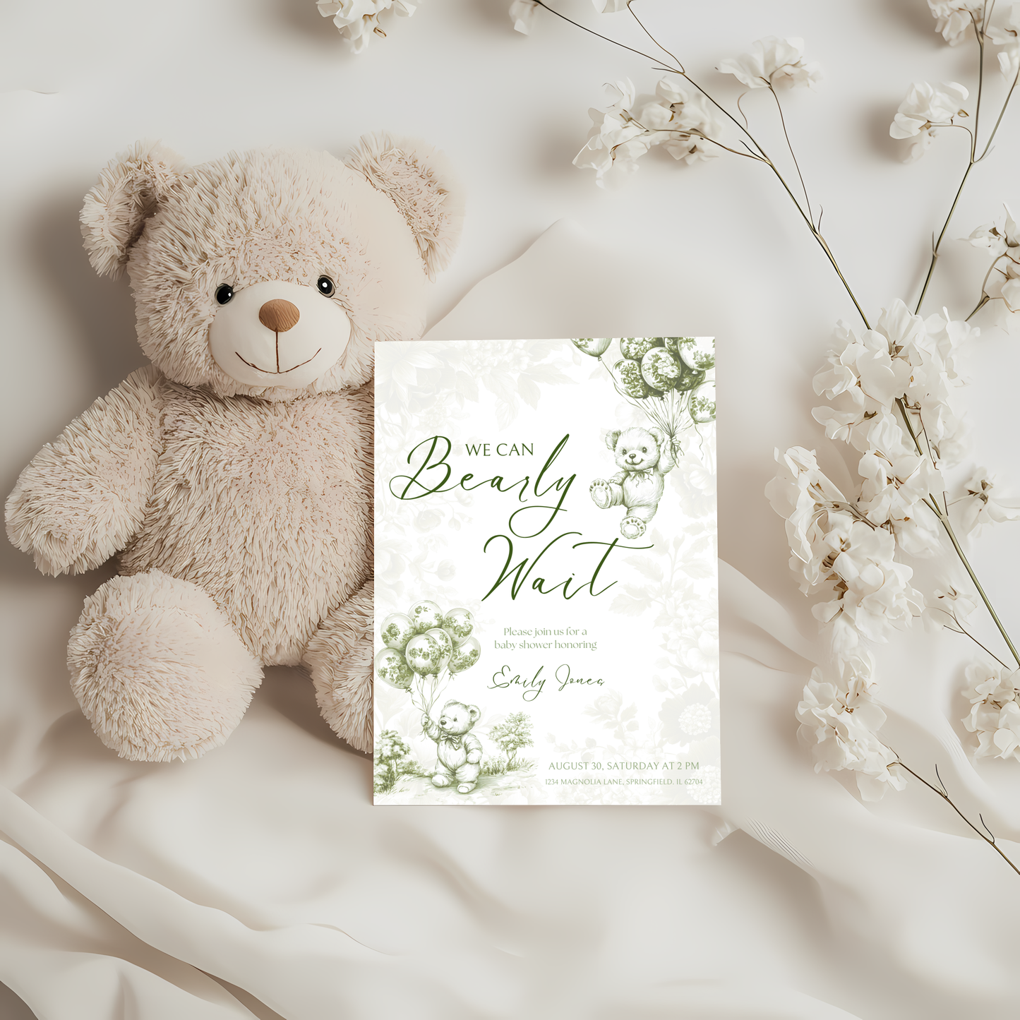 Baby Shower Invitation - Green Bearly Wait Toile de Jouy BS38
