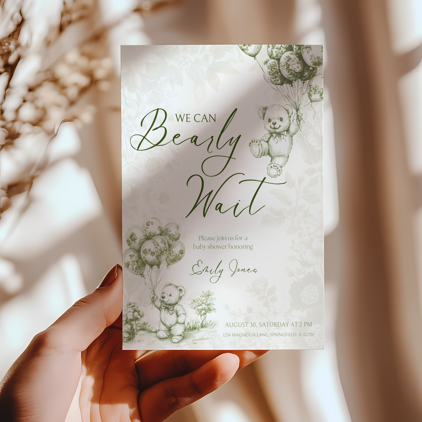 Baby Shower Invitation Bundle - Green Bearly Wait Toile de Jouy BS38