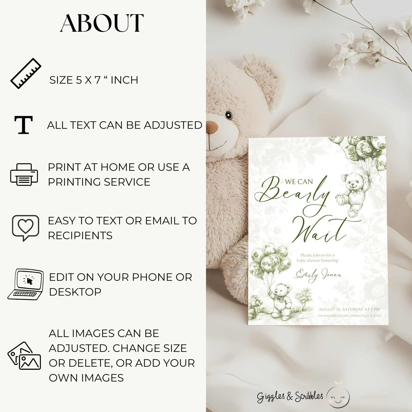 Baby Shower Invitation - Green Bearly Wait Toile de Jouy BS38