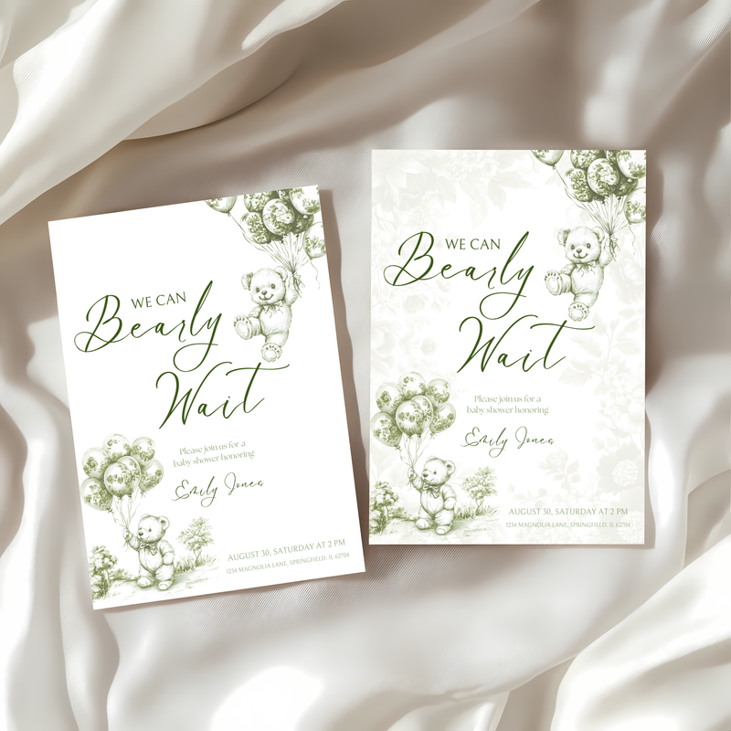Baby Shower Invitation - Green Bearly Wait Toile de Jouy BS38