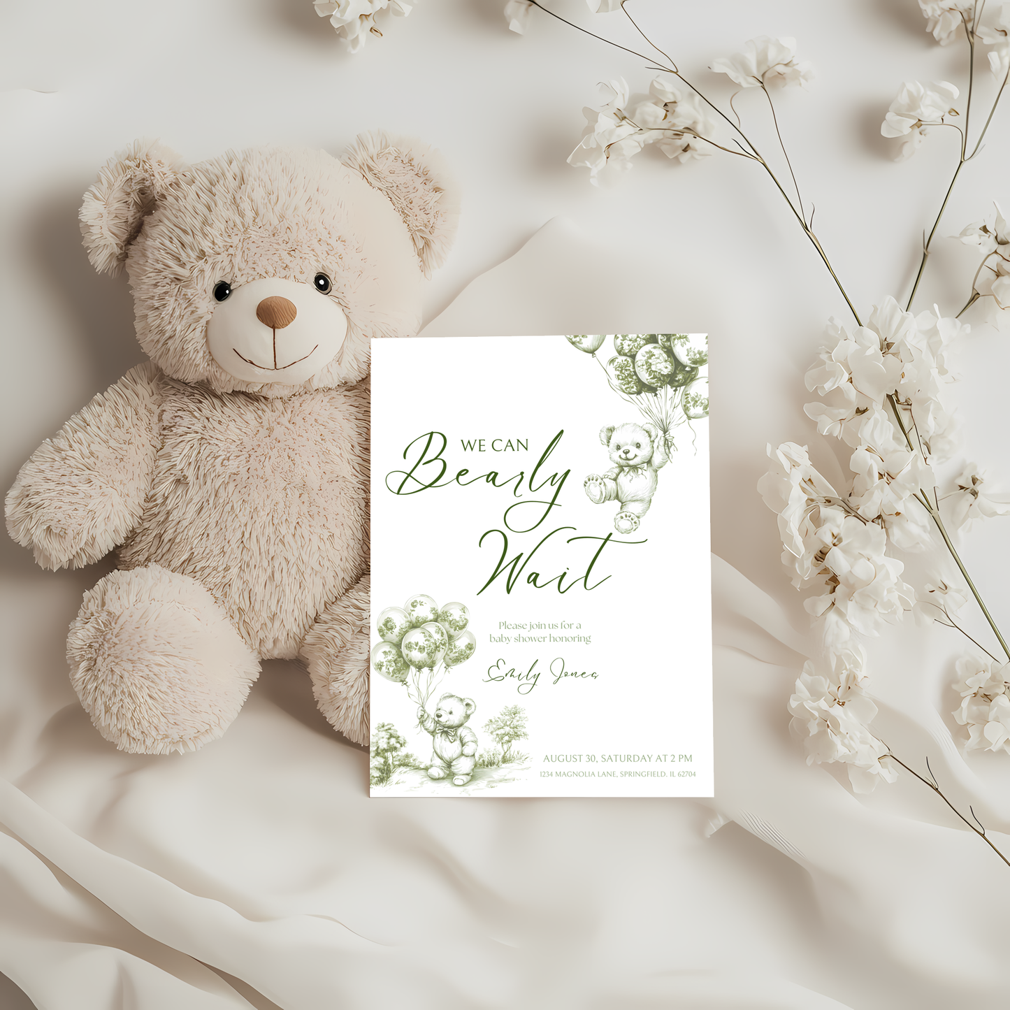 Baby Shower Invitation - Green Bearly Wait Toile de Jouy BS38