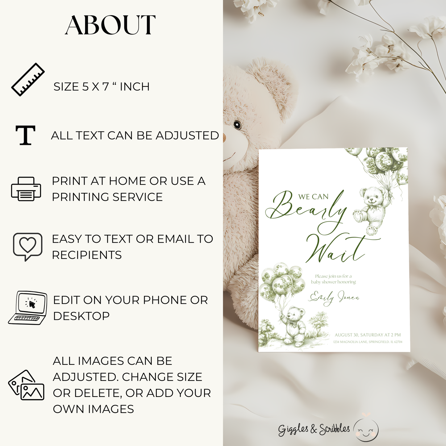 Baby Shower Invitation - Green Bearly Wait Toile de Jouy BS38