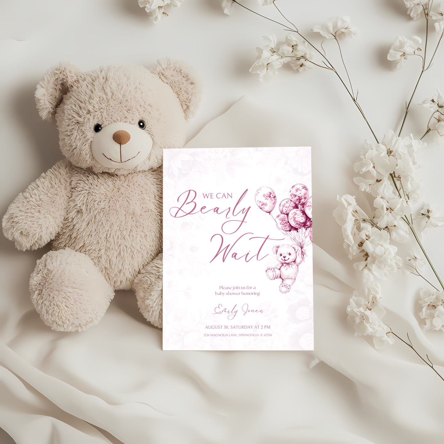 Baby Shower Invitation - Pink Bearly Wait Toile de Jouy BS37